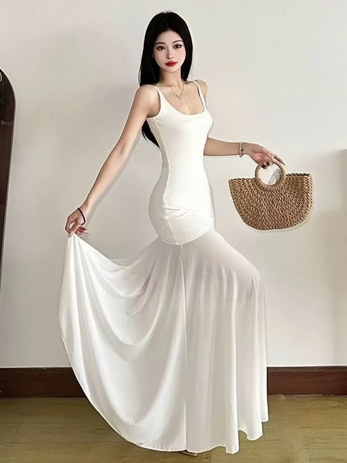 Mouwloze chiffon maxi-jurk voor dames in Franse stijl Mesh getrimd afslankend hemdje Lente zomer Vakantie-geïnspireerde zwierige jurk