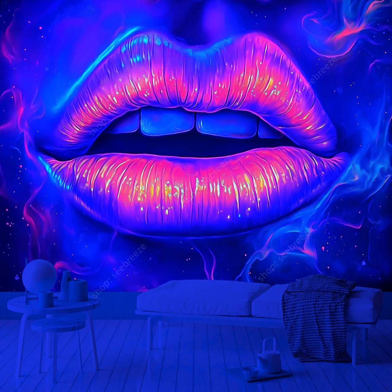 Neon Lips Psychedelic Cosmic Wall UV Reactive Tapestry Vibrant Galaxy Star Design Modern Art Room Decor for Bedroom Living Room