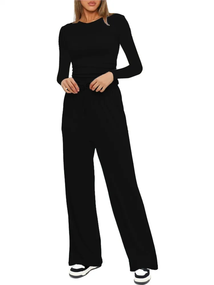 

Fashionable Women's Long-sleeved Round Neck Two-piece Set 2026 Summer Solid Color Versatile Clothing Comfortable Women Clothing