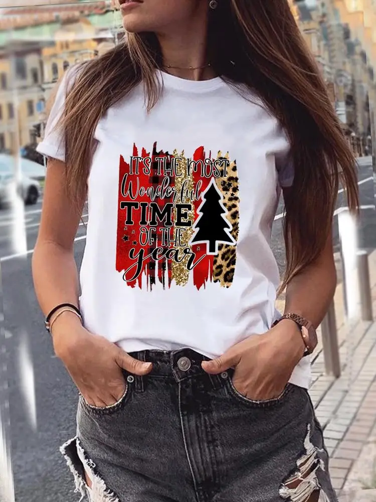 

Lovely Leopard Cute Women Watercolor Holiday Shirt Clothing Print T Top New Year Merry Christmas Graphic T Tee Fashion T-shirts
