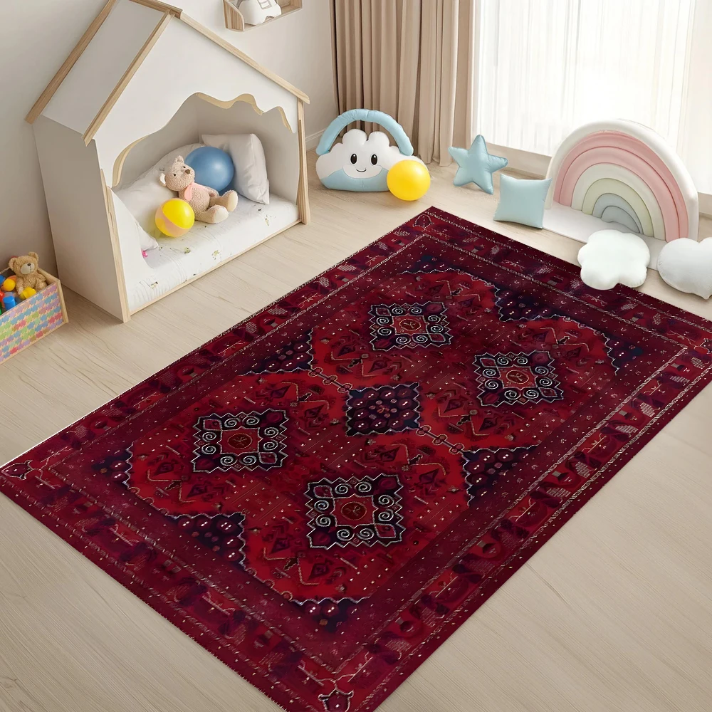 Burgundy Vintage Ethnic Geometric Pattern Carpet Traditional Decorative Non-Slip Soft Mat for Living Room Bedroom Home Decor