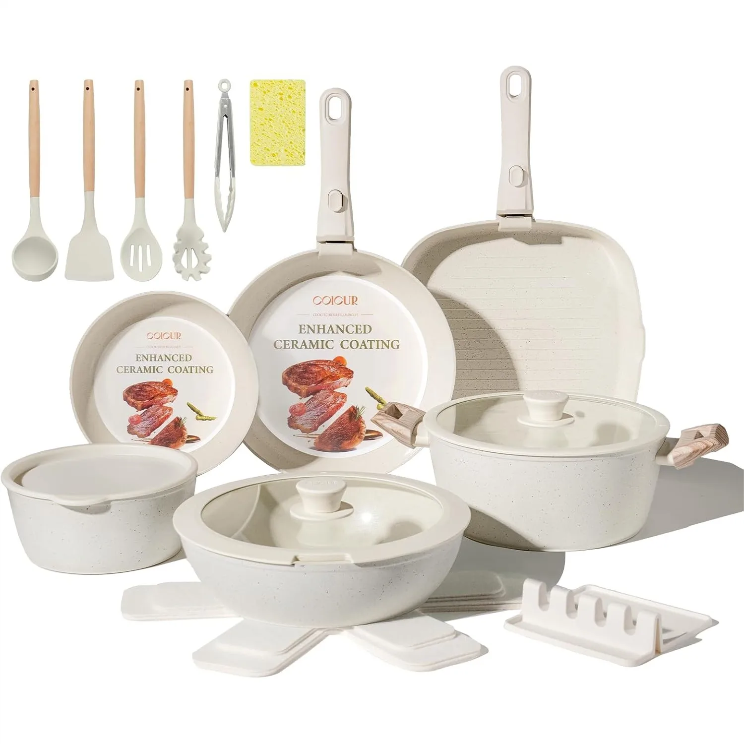 

23-Piece Ceramic Cookware Set with Detachable Handle, Non Stick Pots and Pans for Induction, Oven & Dishwasher Safe, Space