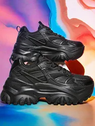 Women's four seasons outdoor sports shoes summer breathable black casual shoes thick soles increase 6CM high heels women's shoes