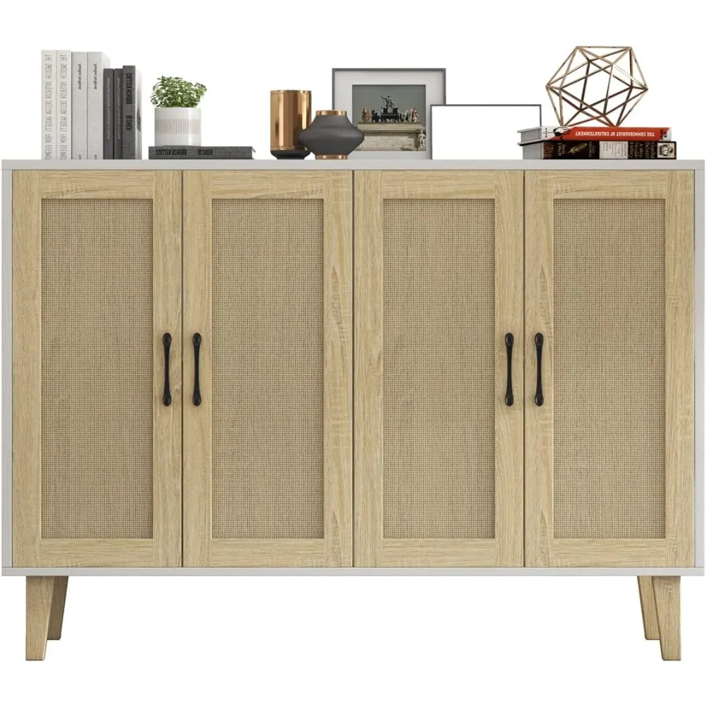 خزانة بوفيه بانانا مزينة بالروطان مع 4 أبواب لغرفة المعيشة والمطبخ، أبيض، 48.43 × 34.65 × 15