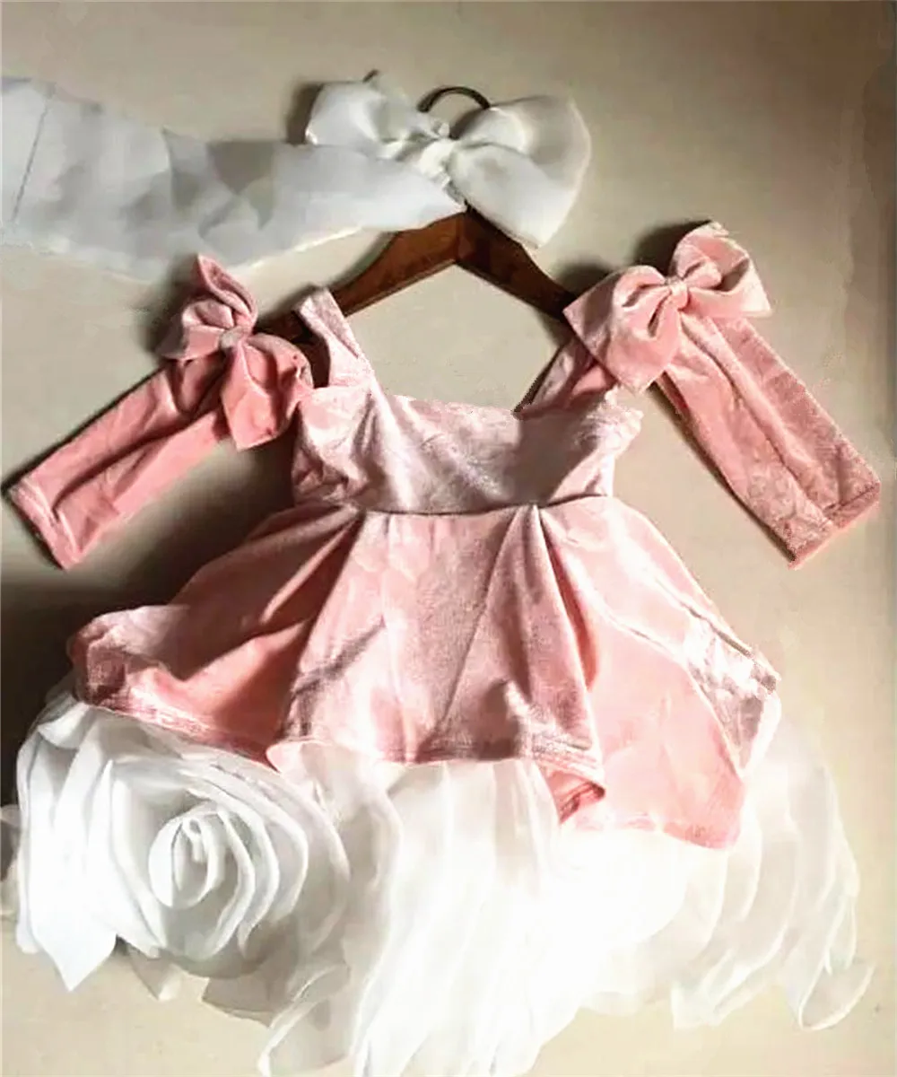 Customized Flower Girl Dresses Pink White Satin Puffy With Bow Long Sleeve For Wedding Birthday Banquet Holy Communion Gowns image 6