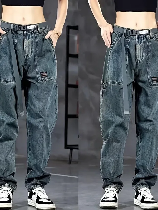 

Men's Workwear Jeans American Retro Patchwork Trendy ket Casual Straight Leg Dirt Resistant Wear Resistant Loose Long Trou...