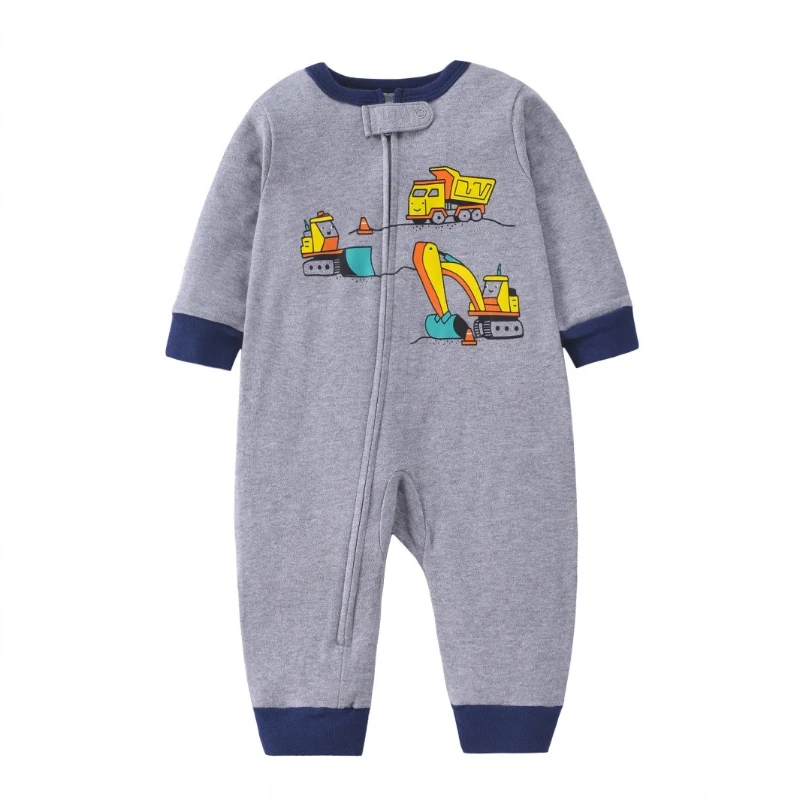 بدلة رومبير مريحة من القطن لحديثي الولادة للجنسين بسحاب قطري لفصل الربيع والخريف للأطفال على شكل دب لطيف ونمط مركبة البناء