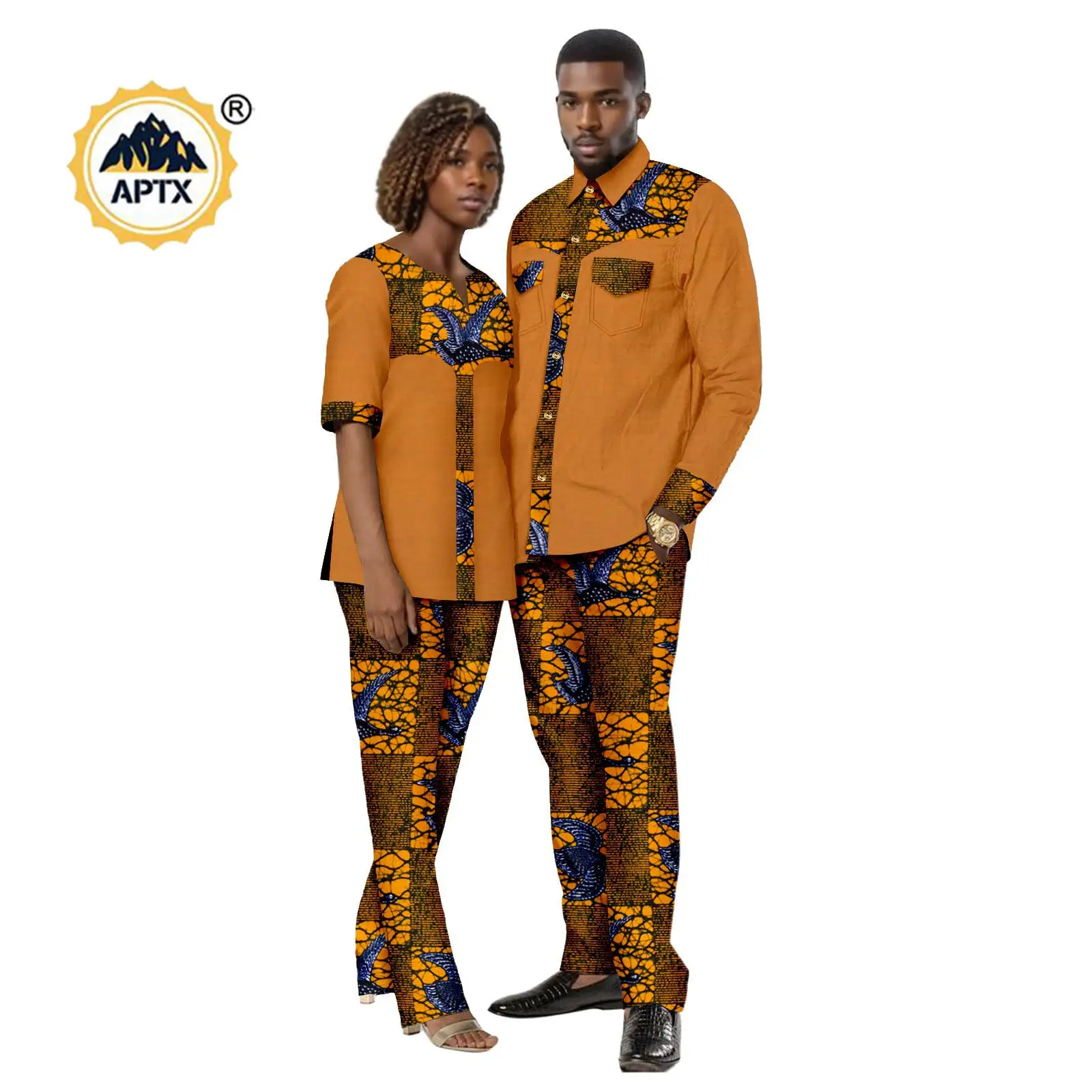 African Clothes for Men Matching Couple Outfits Bazin Riche Women Patchwork Print Long Sleeve Top Shirt and Pant Sets 24C081