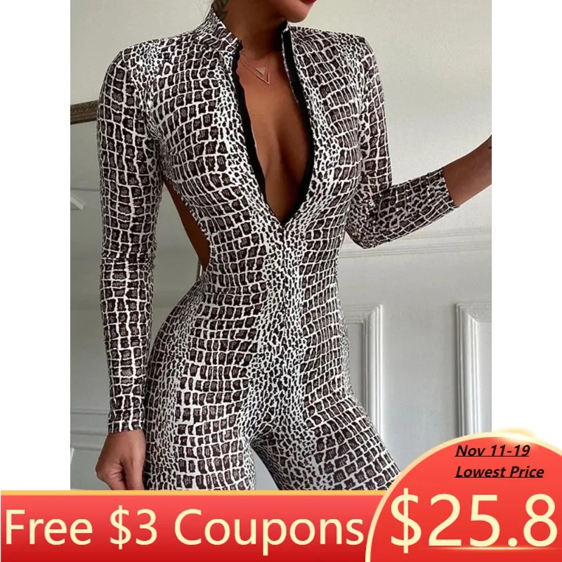 

Женский комбинезон Krisnanas, сексуальные серебряные колготки со змеиным принтом и открытой спиной, боди с длинными рукавами, спортивная одежда, спортивная одежда 98657