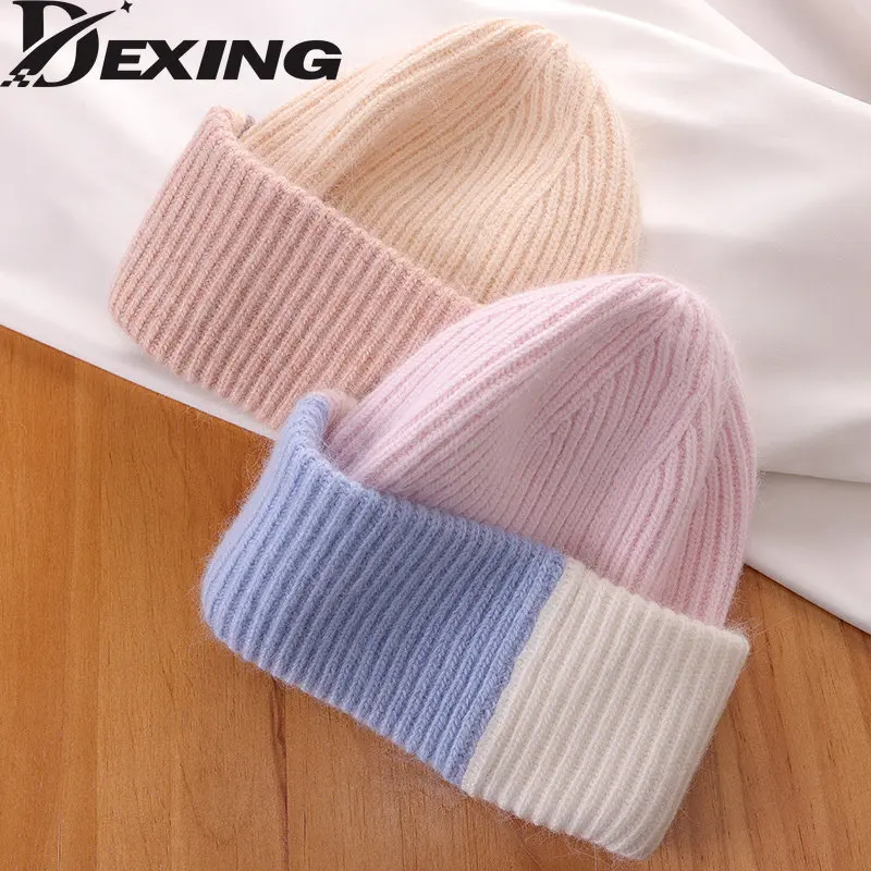 2022 Angola Fluffyy Rabbit Fur Winter Hat for Women Soft Warm  Double Color  Beanies Ski Knit Hat Outdoor Skullies Wholesale Cap