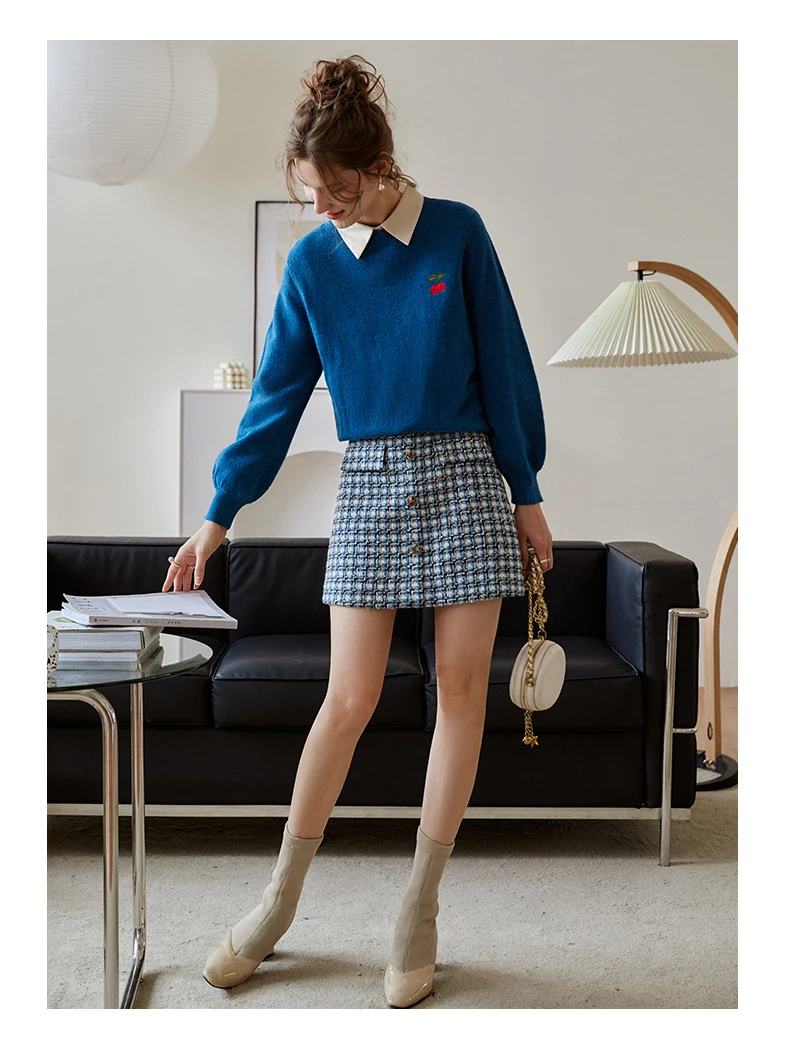 OLrain Blue Plaid Mini Skirt Women 2025 Spring Summer Luxury Cotton Tweed Party Chic Button A-line Short Skirts O21QB55220