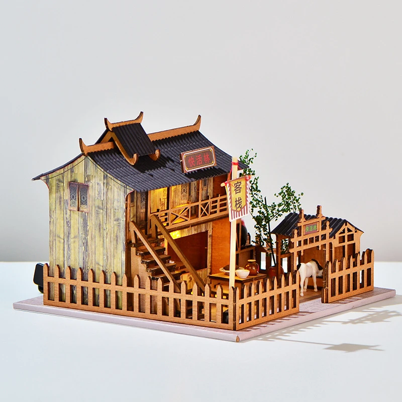 DIY Wooden Chinese Ancient Inn Doll Houses Miniature Doll Houses with Furniture Light Hotel Cottage for Friends Birthday Gifts