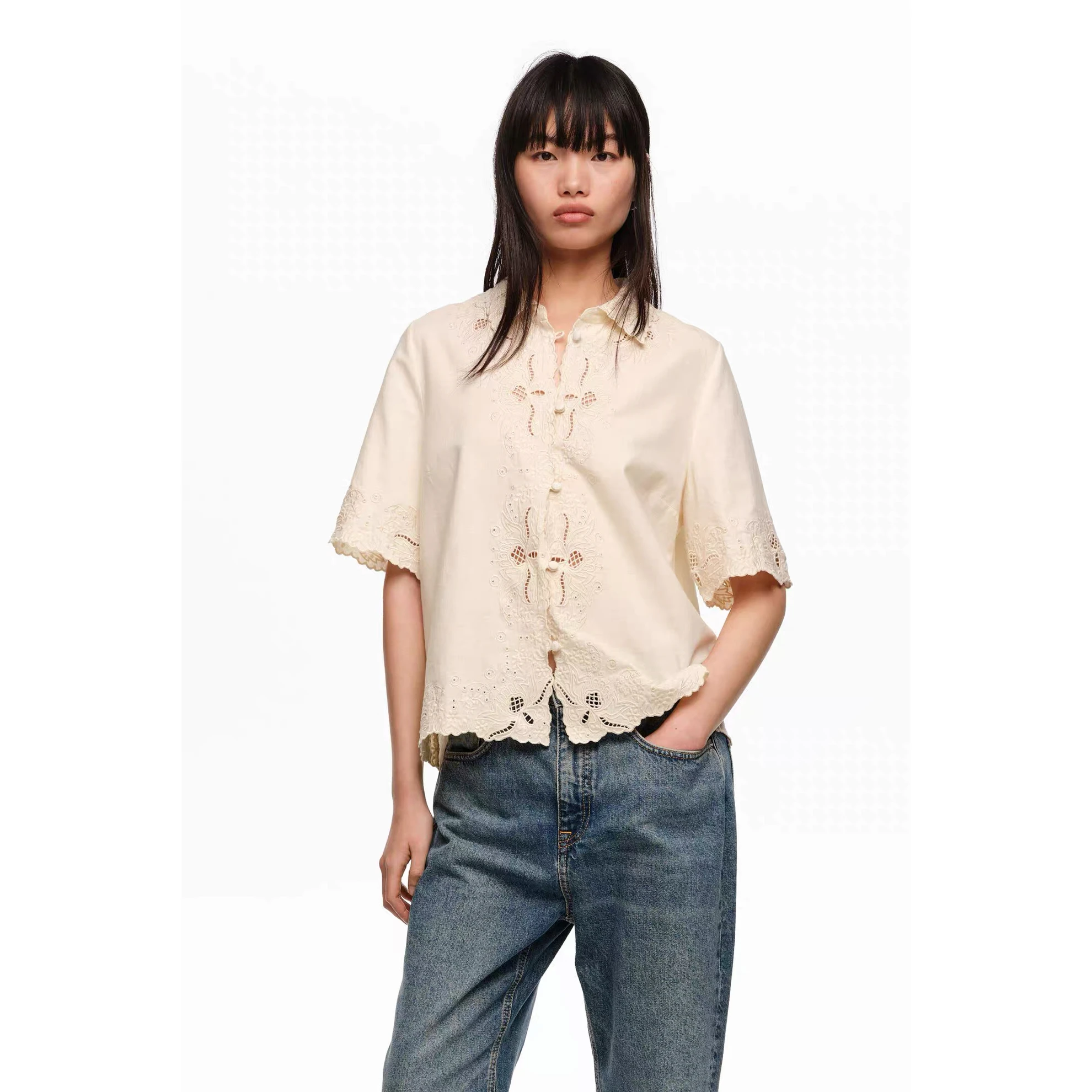 

Bimba Women's Short Cotton Shirt Embroidered Hollow out Small Collar French Style Loose Fit Breathable Skin-Friendly Summer Top