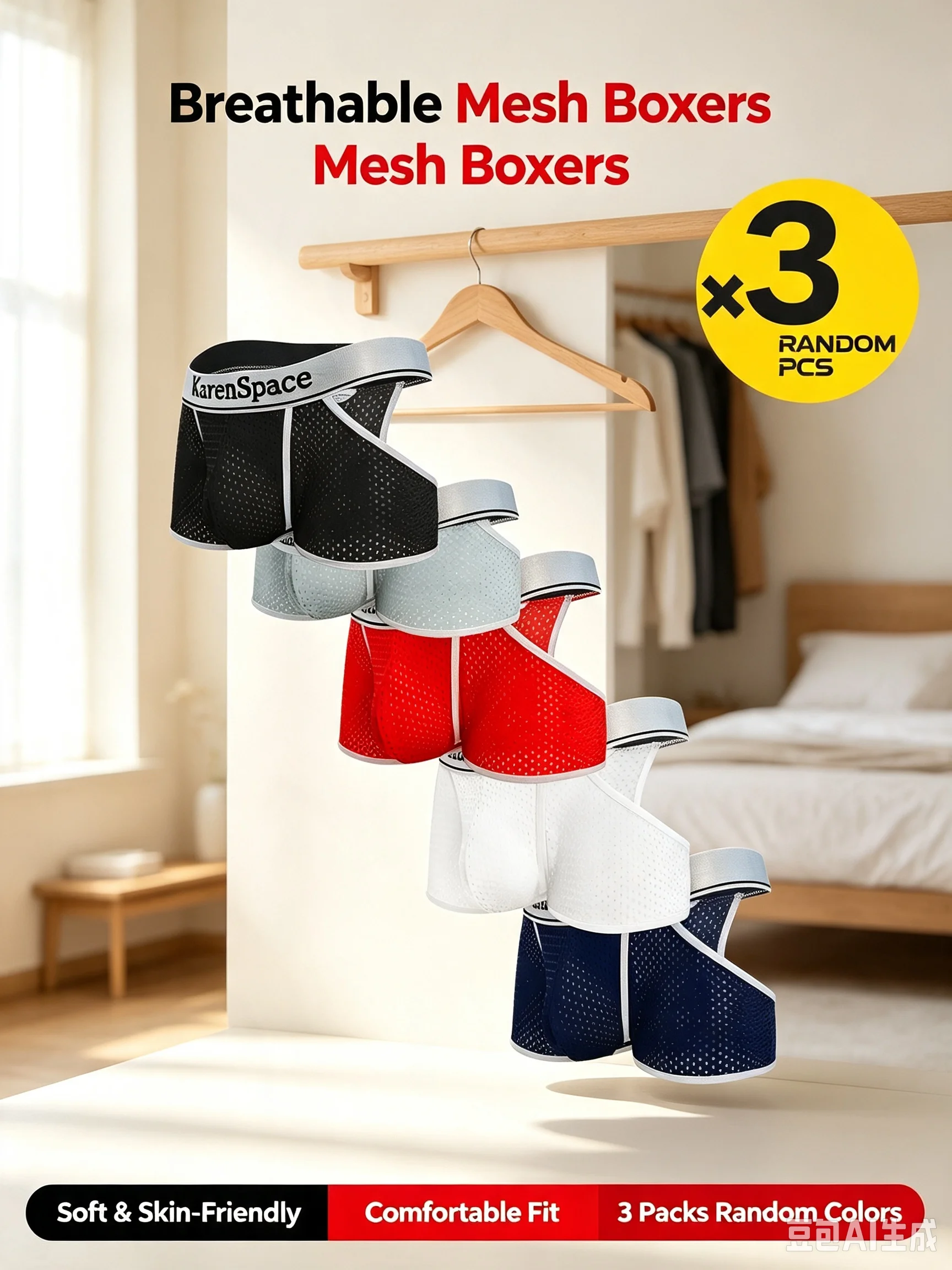 Men's Ice Silk Bullet Split Underpants 2/3/4PCS Set Breathable Mesh at Corners Summer Thin Sports Shorts Straight-Cut