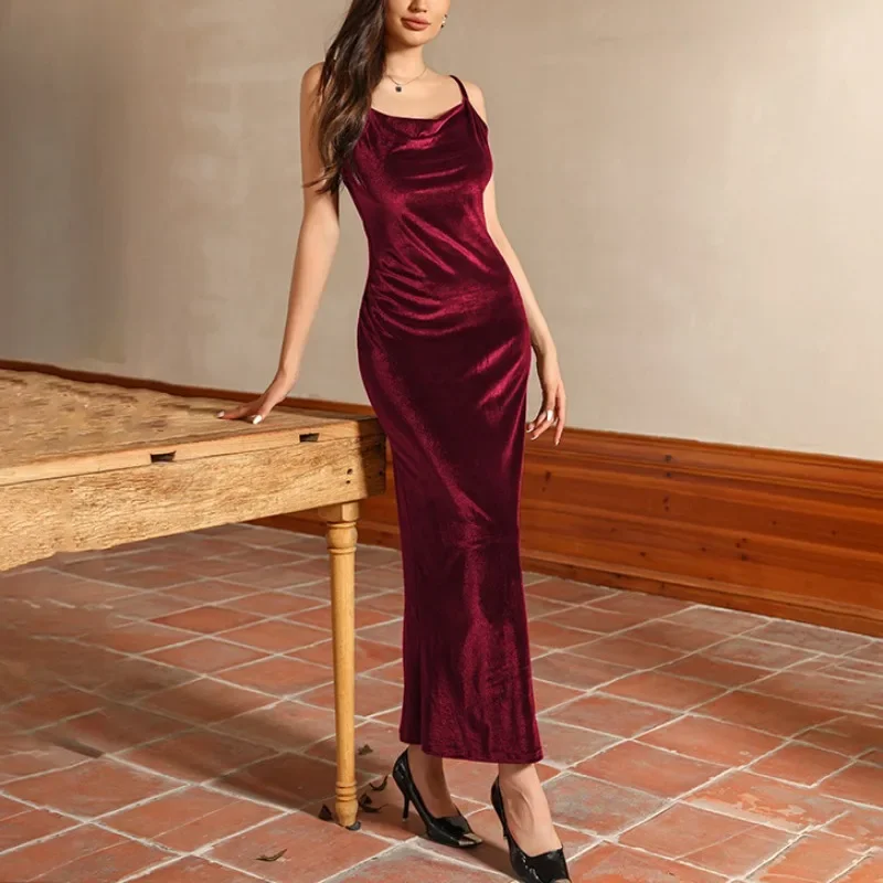 

Women's Elegant Backless Sling Dresses Solid Color High Waist Sleeveless Dresses Celebration Wedding Party Evening Dress YWFD007