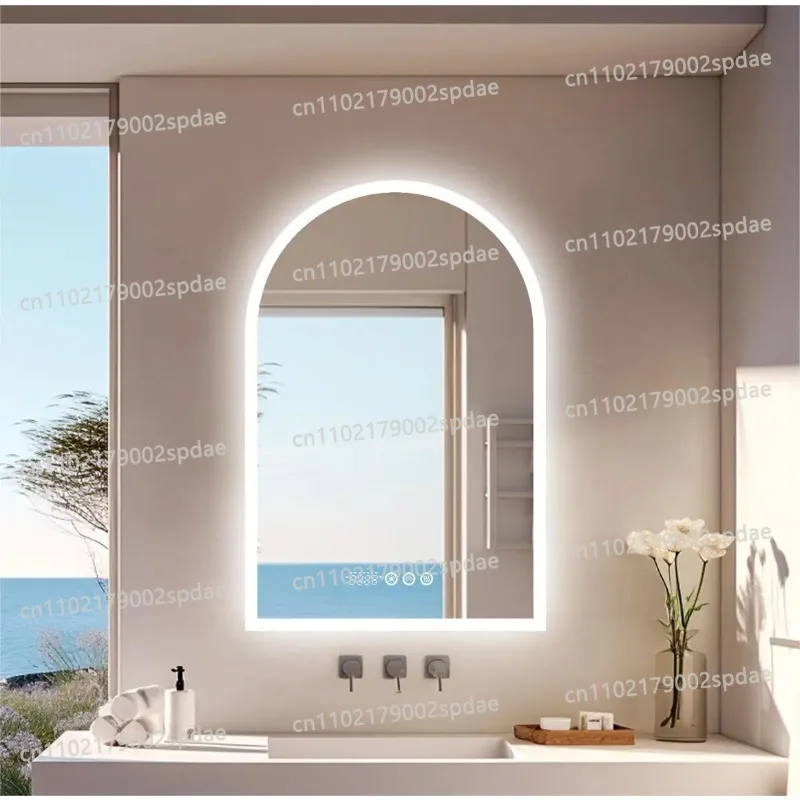 60x90CM Vertical Arch Backlit  Bathroom Mirror Frameless Anti-Fog Wall Mirror with Time and Temperature Display