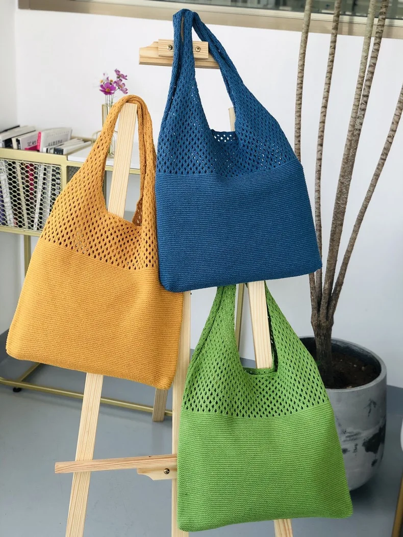 Bolso de mano de lana de punto de Color sólido para mujer, bolso de compras con nombre personalizado, Retro, ahuecado, bordado personalizado, suave