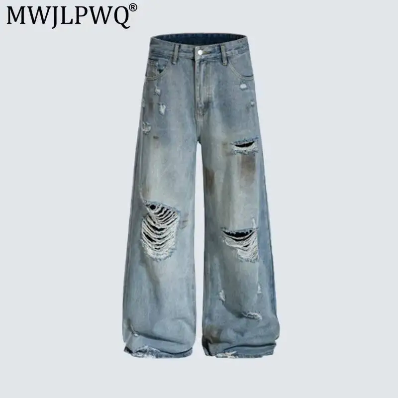 MWJLPWQ Street Style Yellow Mud Distressed Ripped Jeans Washed Multi-Layered Raw Edge Loose Wide-Leg Trousers 2026 Autumn 20147