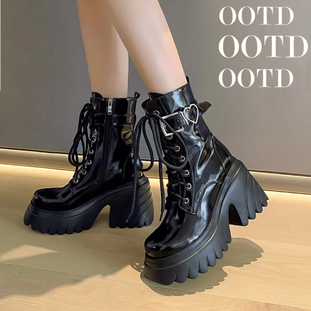 Wine Red Women Motorcycle Boots Platform Chunky Heel Ankle Boots Fashion Buckle Gothic Style Modern Boots High Heels Short Boots