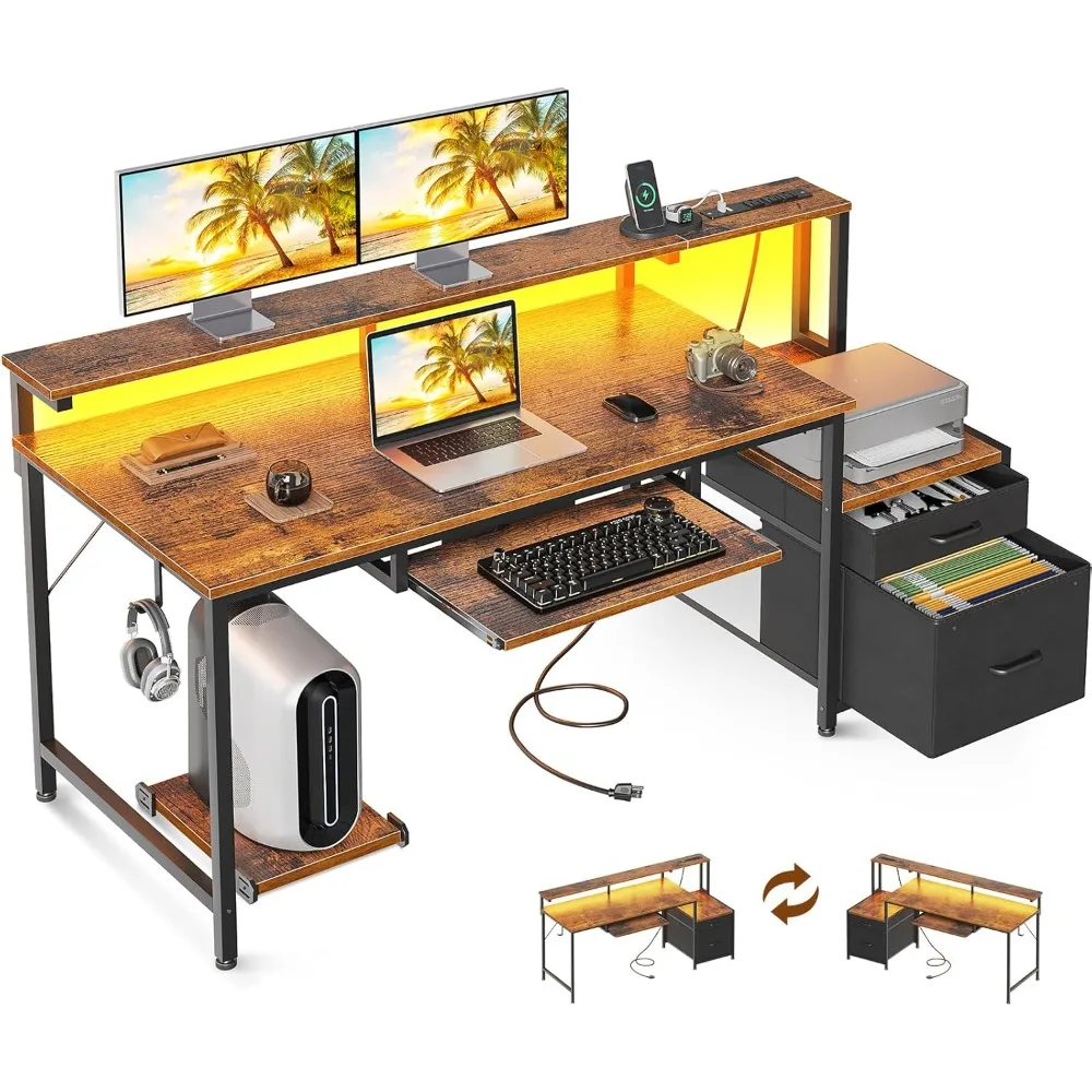 

55" Computer Desk with Fabric File Cabinet and Drawer, Reversible Office Desk with Power Outlet and LED Light, Study Desk with