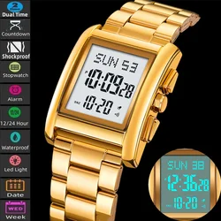 Skmei Dual Time Zone Digital Watches for Mens Luxury Full Steel Band Mineral Glass Dial Waterproof Stopwatch Man Bracelet Watch