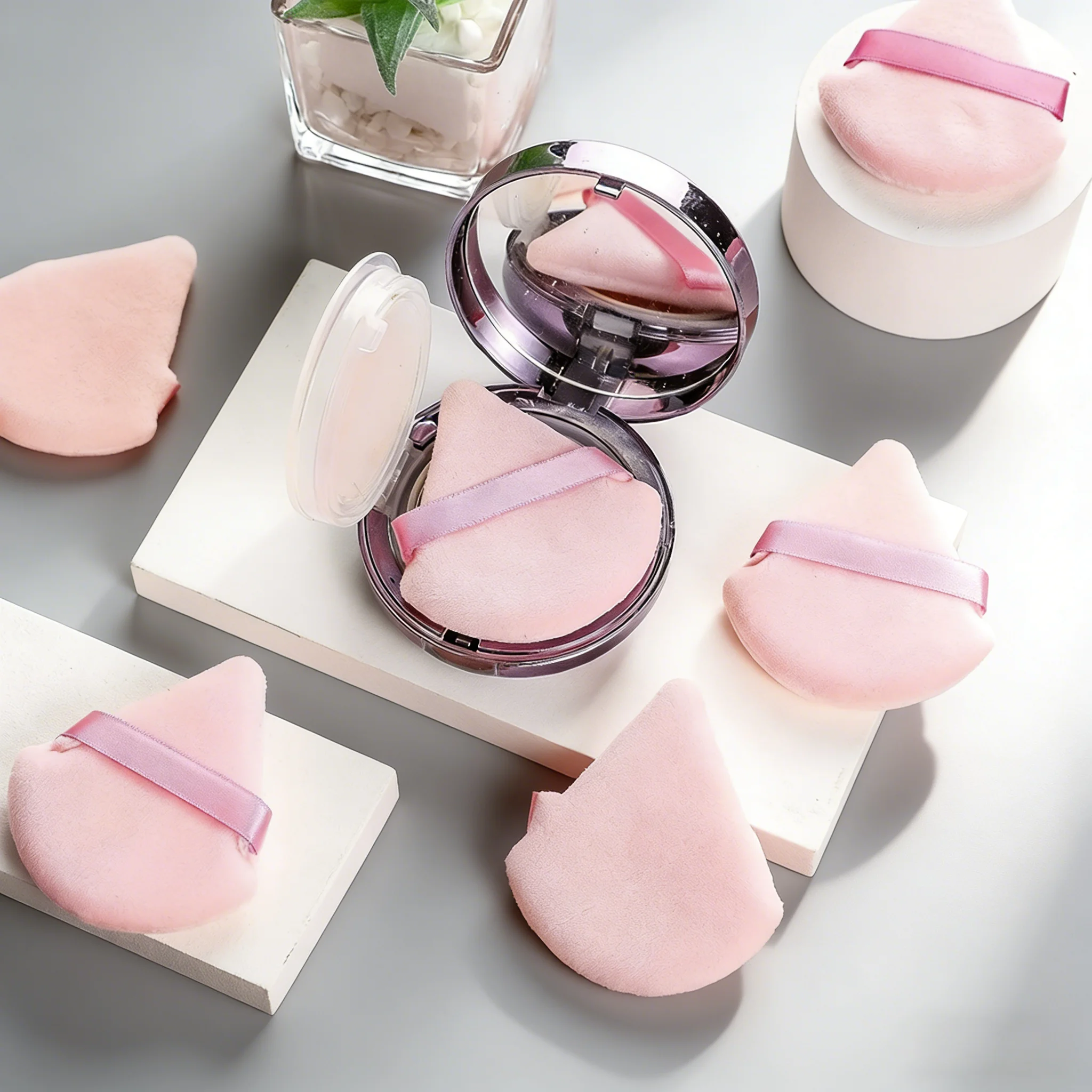 5/10 pçs rosa triângulo pó puff, esponja de maquiagem de veludo preto para mistura de fundação, macio cosméticos rosto liquidificador ferramenta de beleza se