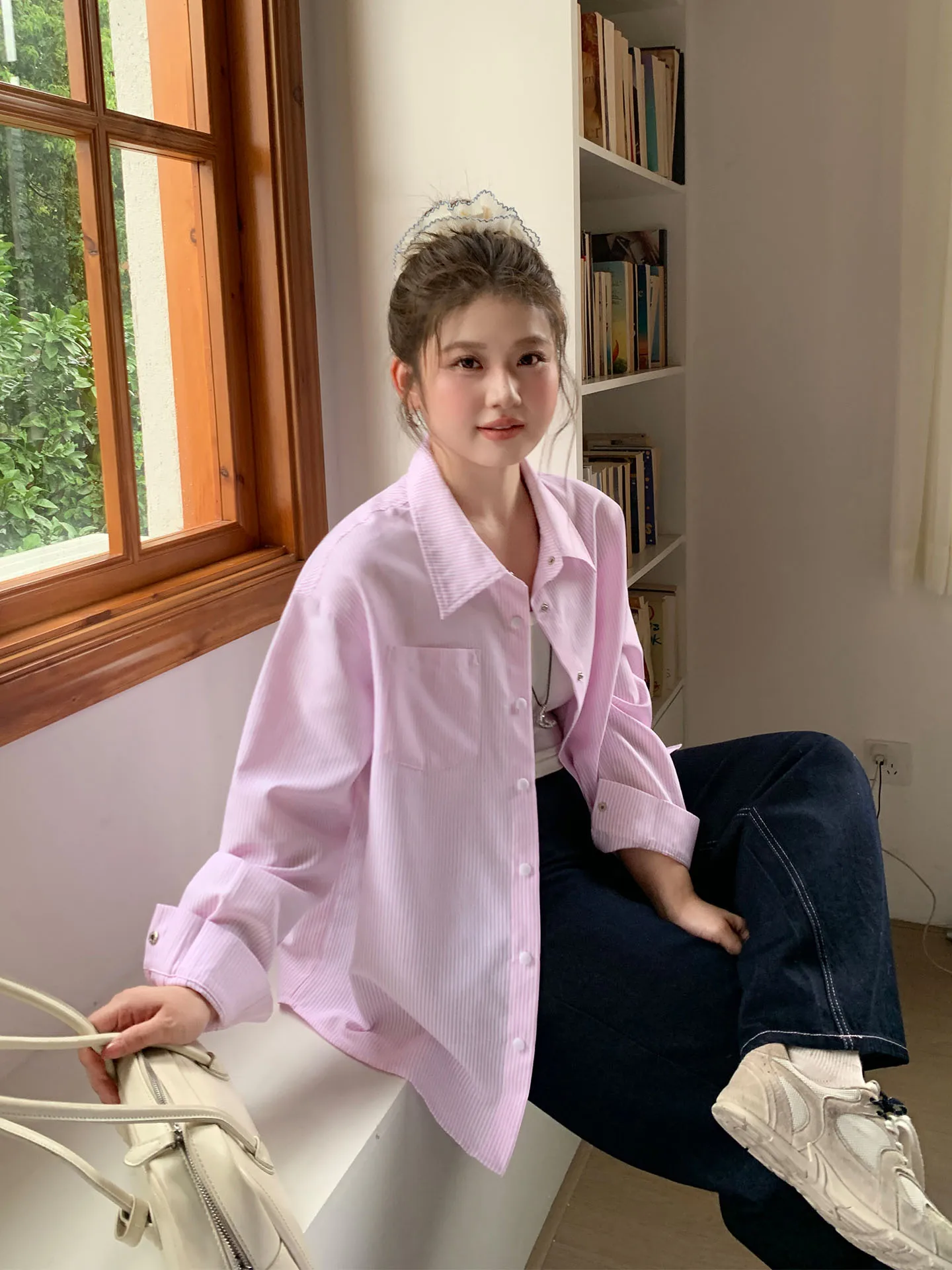 YUZI Fi Roe Poer Striped irt Jaet Cardigan ouvert ample amincissant pour femme, grande taille, style universitaire, Automne Hiver