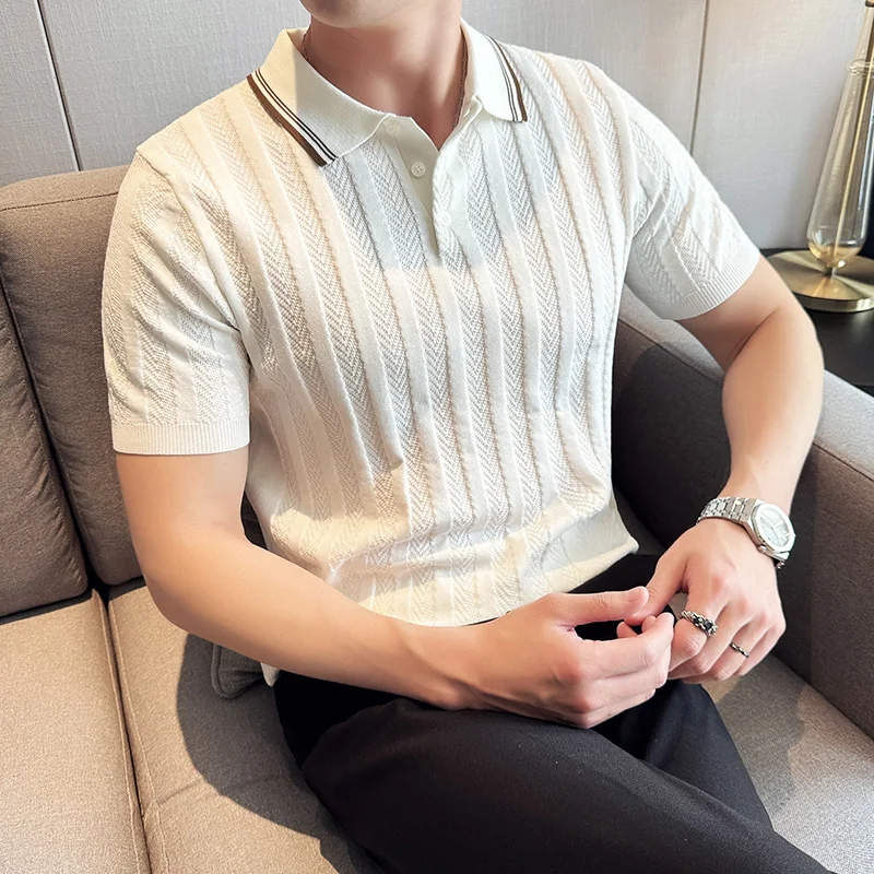 Men\'s Business Casual Polo Shirt, Ice Silk Striped Collar Top, High-quality Short-sleeved T-shirt for Spring and Summer 2024.