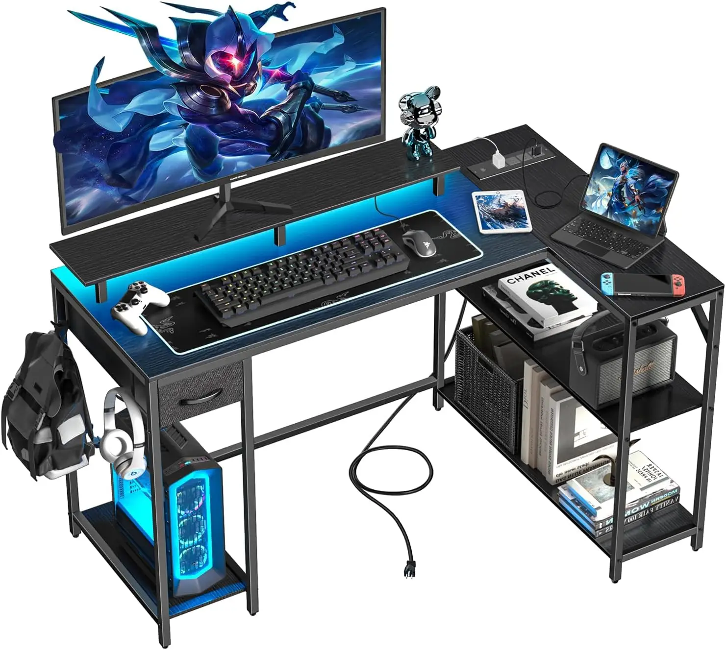 47 inch Gaming Desk with Power Outlet & LED Light, Reversible L Shaped Desk, L Shaped Desk with Hook & Monitor Stand