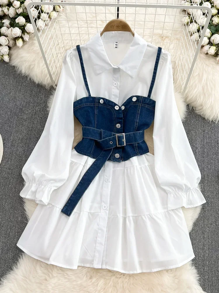 Spring Autumn Cowboy Waistcoat Shirt Dress Female Elegant Length Sleeve White Shirt Dress Vest Women\'s Two-piece Set GD785