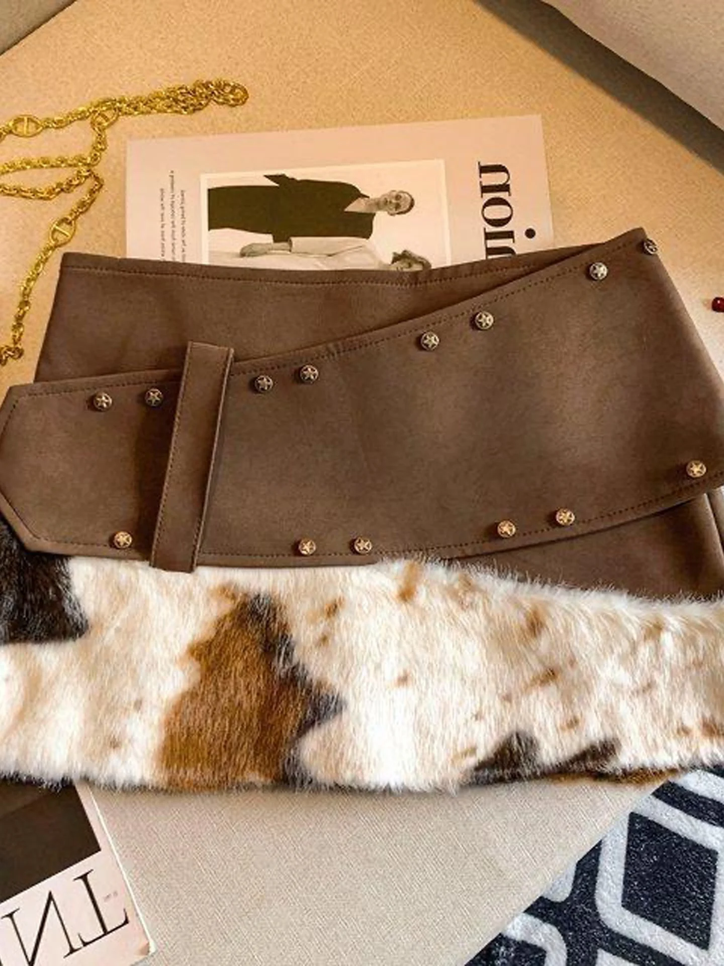Trendy Plaid PU Skirt Women's High Waist  Skirt Fashionable American Style Bicolor Patchwork Cow Patterned Skirt