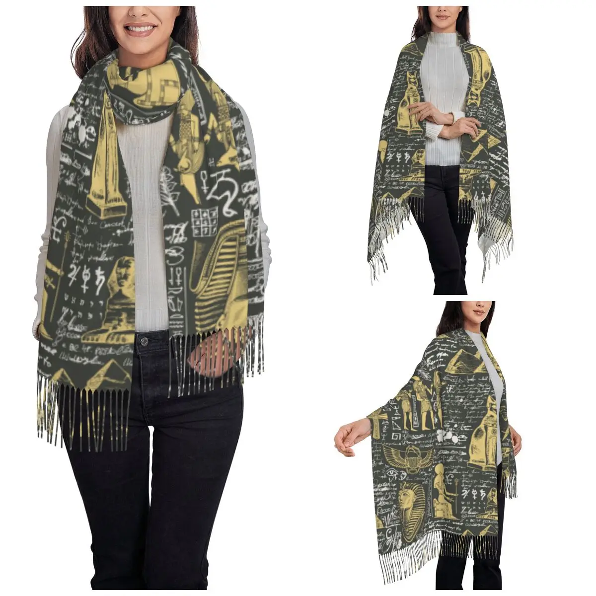 Women's Scarf with Tassel Ancient Hieroglyphs Large Winter Warm Shawl and Wrap Retro Egyptian Gods Gifts Cashmere Scarf