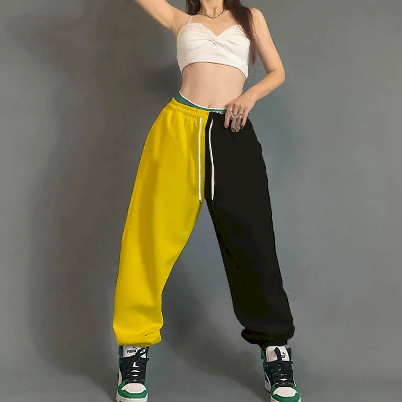 

Patchwork Pants Women Clothes Casual Hip-hop Korean Style Lace-up Pants Vintage Trouser Loose Sporty Sweatpants Women Clothing