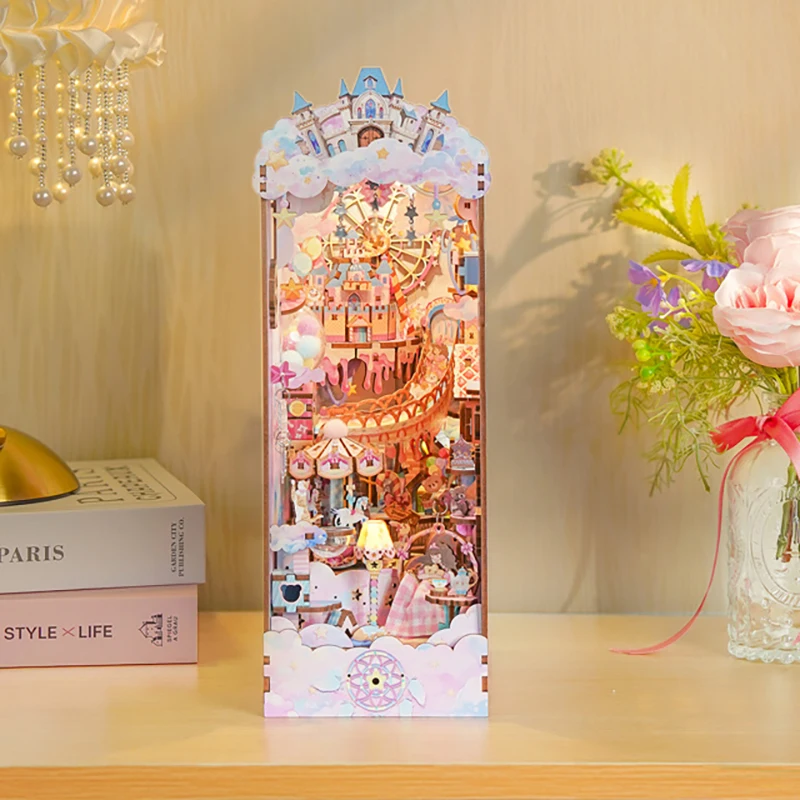 スイートドリーム DIY ブックヌック インサートキット 木製ドールハウス 組み立てキット ブックエンド LEDライト付き 本棚 ホームデコレーション ギフト