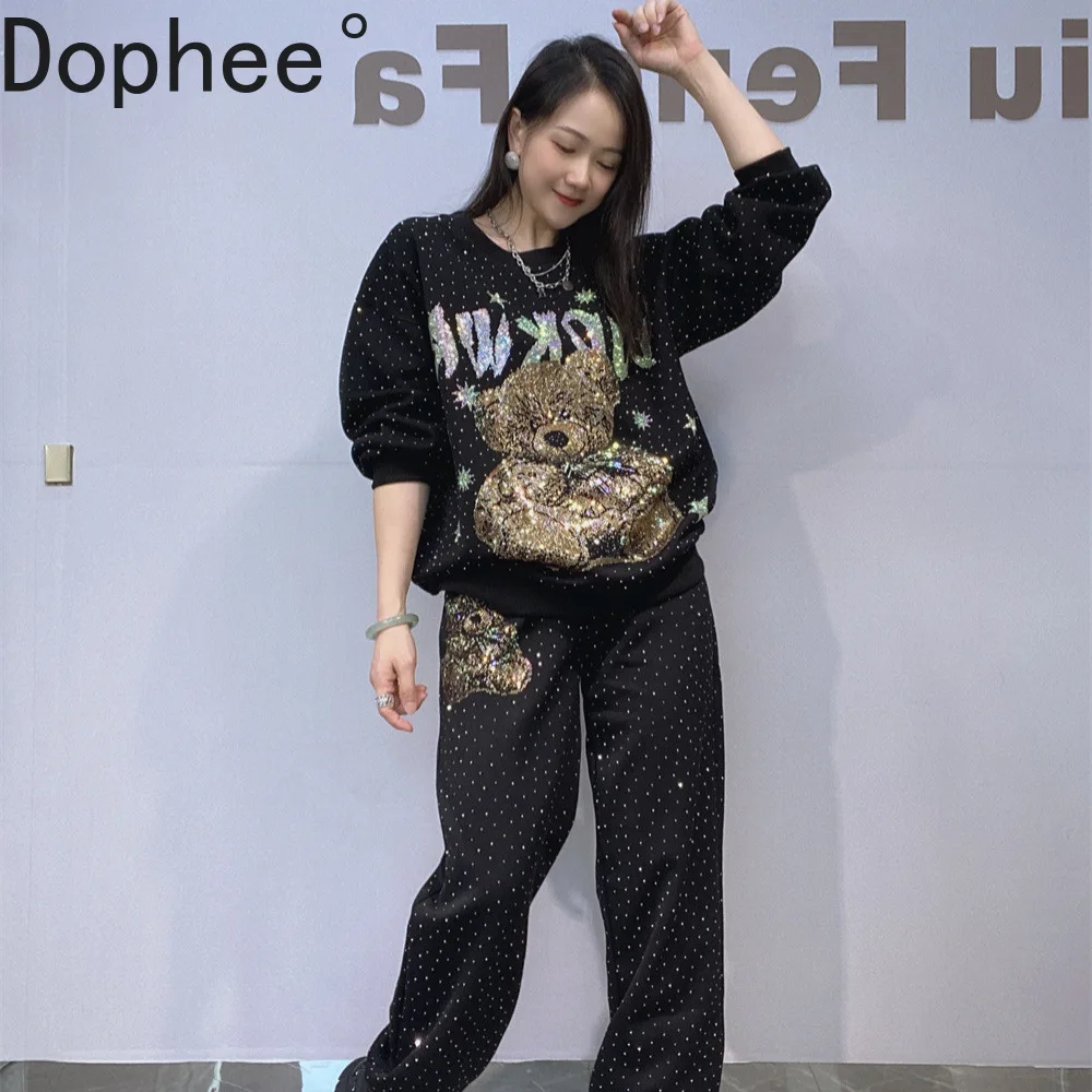 

Модные осенние женские комплекты с капюшоном и бриллиантами, милый пуловер с круглым вырезом и длинными рукавами + черные повседневные шаровары, женские костюмы