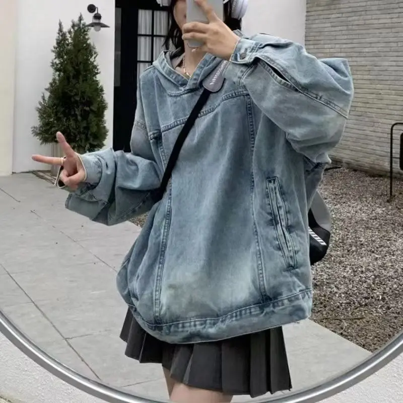 

Hooded Denim Hoodie Harajuku Vintage Denim Hooded Women Streetwear Trend Hip Hop Loose Hoodies Teens Cool Hoody Pullovers