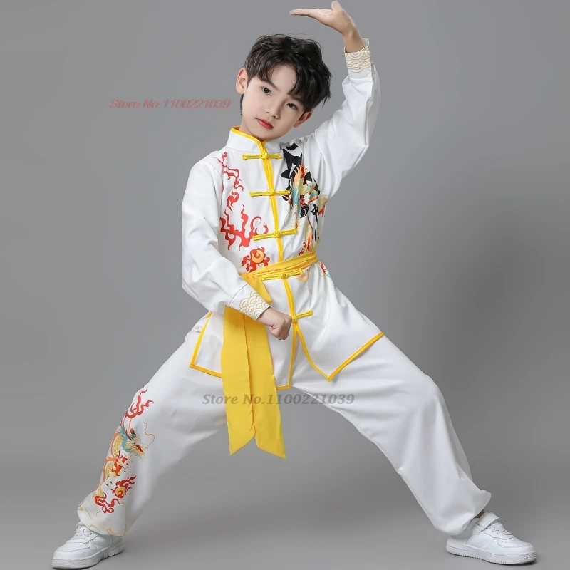 Costume traditionnel chinois de kung fu pour enfants, uniforme de wushu imprimé de dragon, exercice d'entraînement de wing-chun, 2024