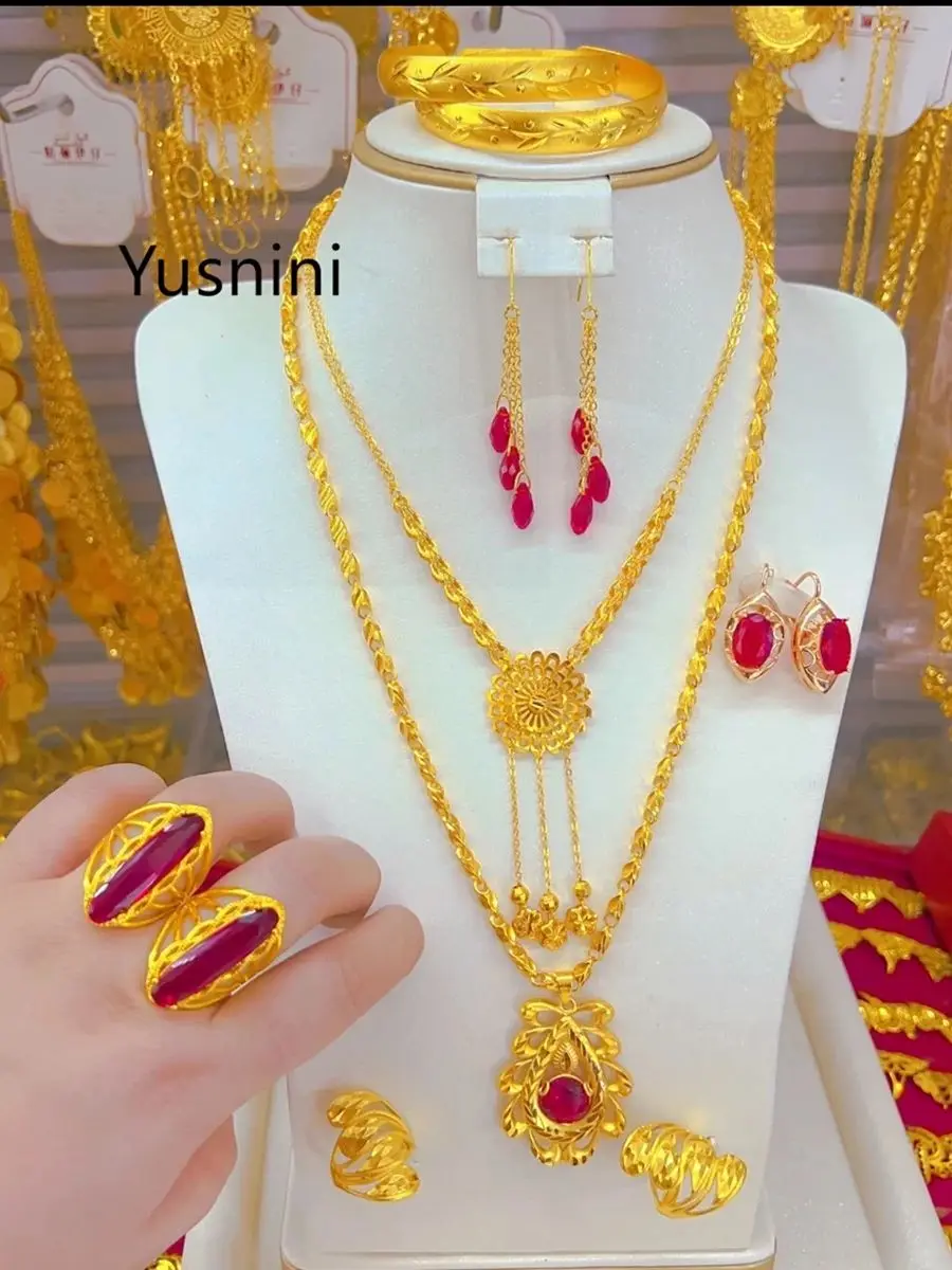 New European Dubai Fashion 24K Gold Plated Necklace Earrings Rings Bracelets Exquisite Engagement Party Jewelry Set for Lovers - view 5