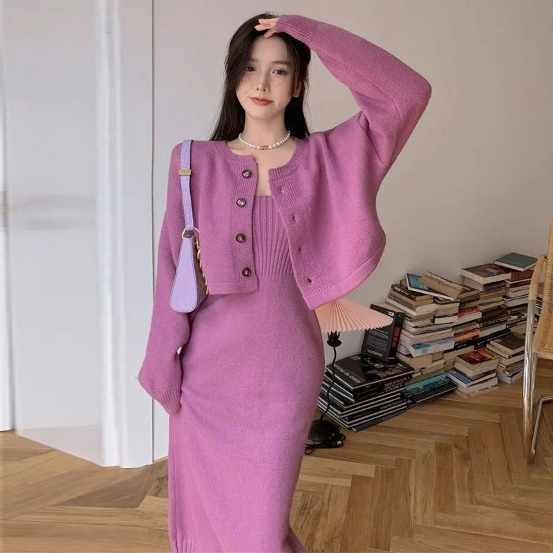 All-matching Sets for Autumn Winter Solid Color Two-piece Casual Dress  New Knit Long Sleeve Coats Women's Clothing T760