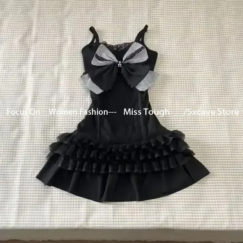 2 Piece Dress Set Women Y2k Retro Short Sleeve T Shirt Summer Crop Top Gothic Aesthetic Bow Top 2000s Vintage Suits Y2k Clothing