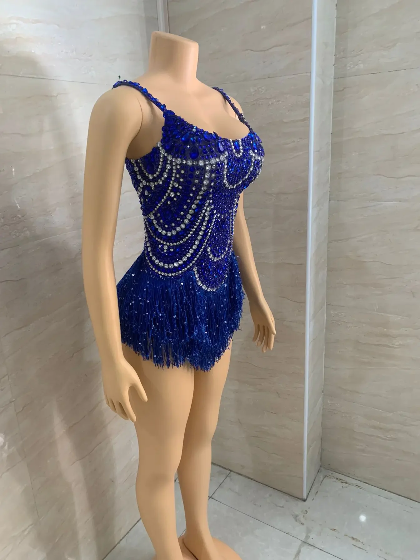 Body con flecos y diamantes de imitación azules para mujer, traje Sexy de baile Gogo, ropa de Pole Dance, Bar, club nocturno, Dj, Ds, Rave