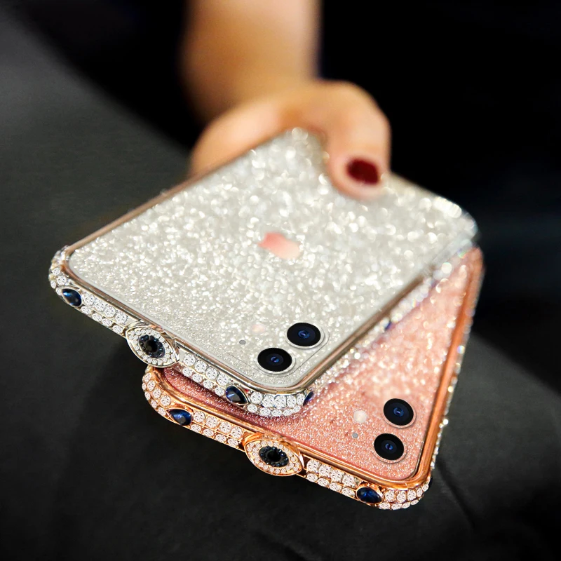 Rhinestone Crystal Diamond Metal Edge Bumper Phone Case For iPhone 14 Plus 13 12 11 Pro XS Max XR X Glitter Back Film Cover K03