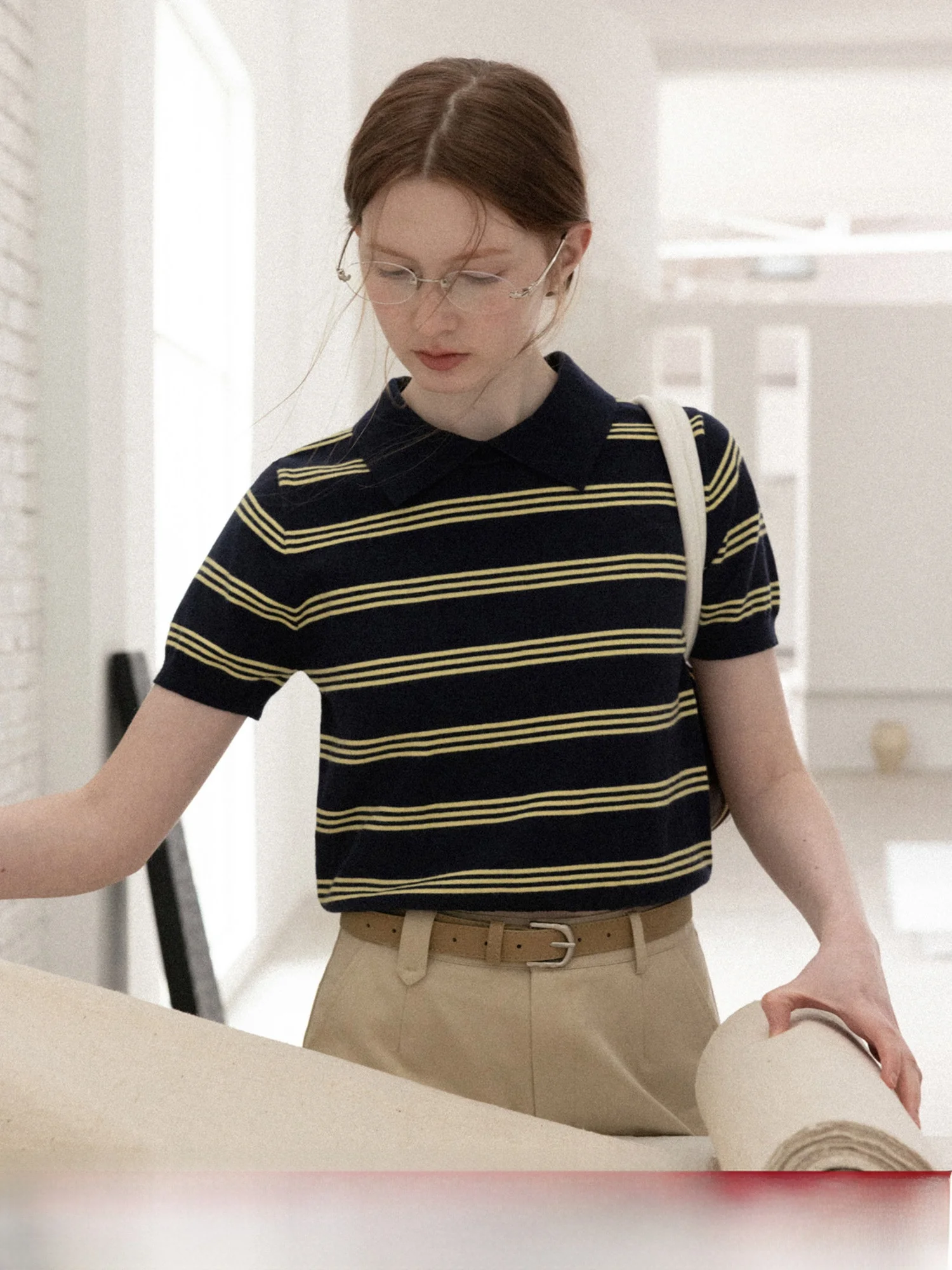

Slim Fit Knitted Sweater Women's Blue And Yellow Striped Short Sleeve Turn-down Collar American Retro Style Spring Casual Wear