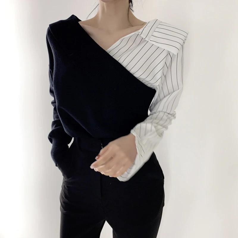 V Neck Shirt Patchwork Knitted Pullover Crop Top Sweater Chompas De Mujer Inviern Chic Autumn Korean Kawaii Black Blusa Tricot