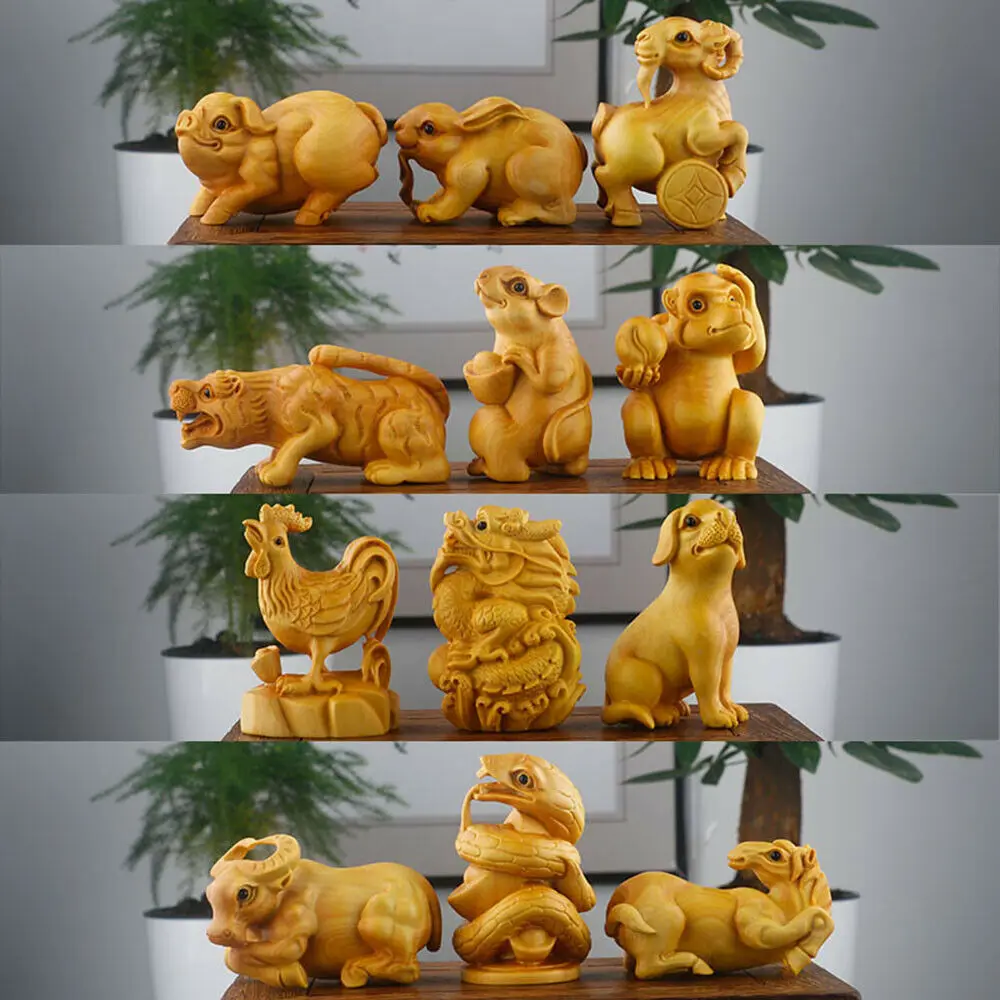 JY014ca -7 Each Hand Carved Boxwood Carving Figurine - 12 Zodiac Animals