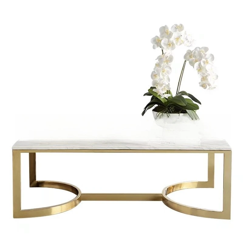 

Modern champagne gold stainless steel coffee table, stylish marble desktop tea table, rectangular coffee table