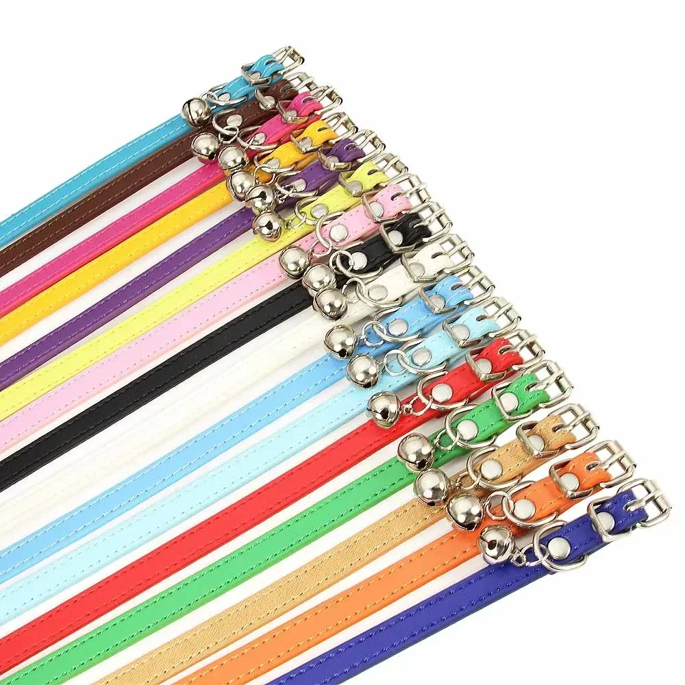 16 Colors Solid Leather Cat Collar With Bell Cute Kitten Necklace Pet Neck Strap Collar For Cat Small Medium Dogs Puppy XS-XL