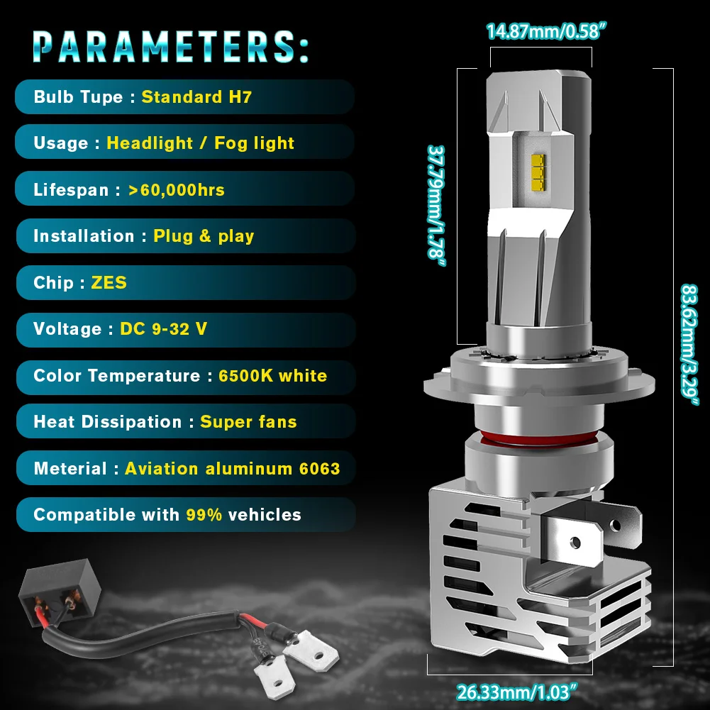 Phares antibrouillard LED super lumineux, ampoules de sauna de voiture blanches avec ventilateur, lampes de sauna automatiques pour KIT 100 ~ 6500, 20000Lm, 2008 W, H7, 2023 K, 2 pièces