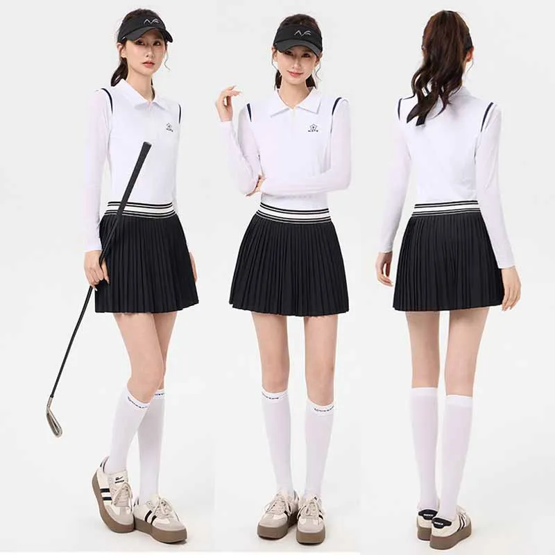 Niefle New Golf Women Shirts Zipper Collar Ice Silk Long-sleeved T-shirt Cooling Sunscreen Top Pleated Casual Sports Golf Skirt