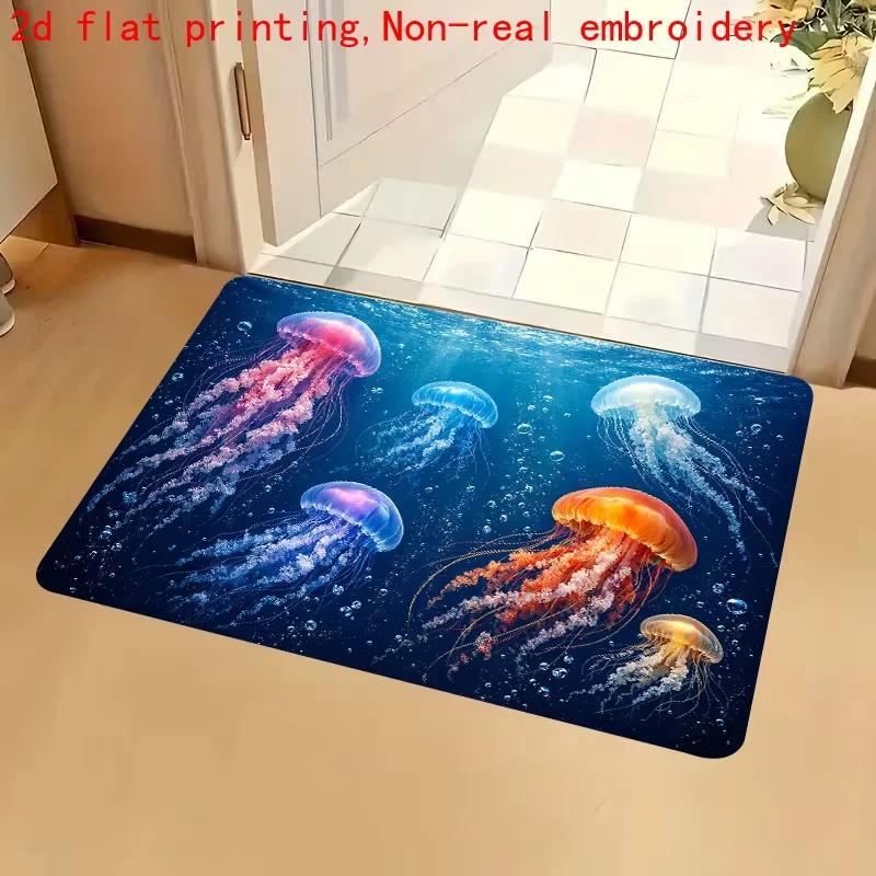 Marine‑Life Decorative Doormat Vibrant Glowing Jellyfish Swimming in Blue Ocean with Bubbles Pattern Rectangular Entrance Mat